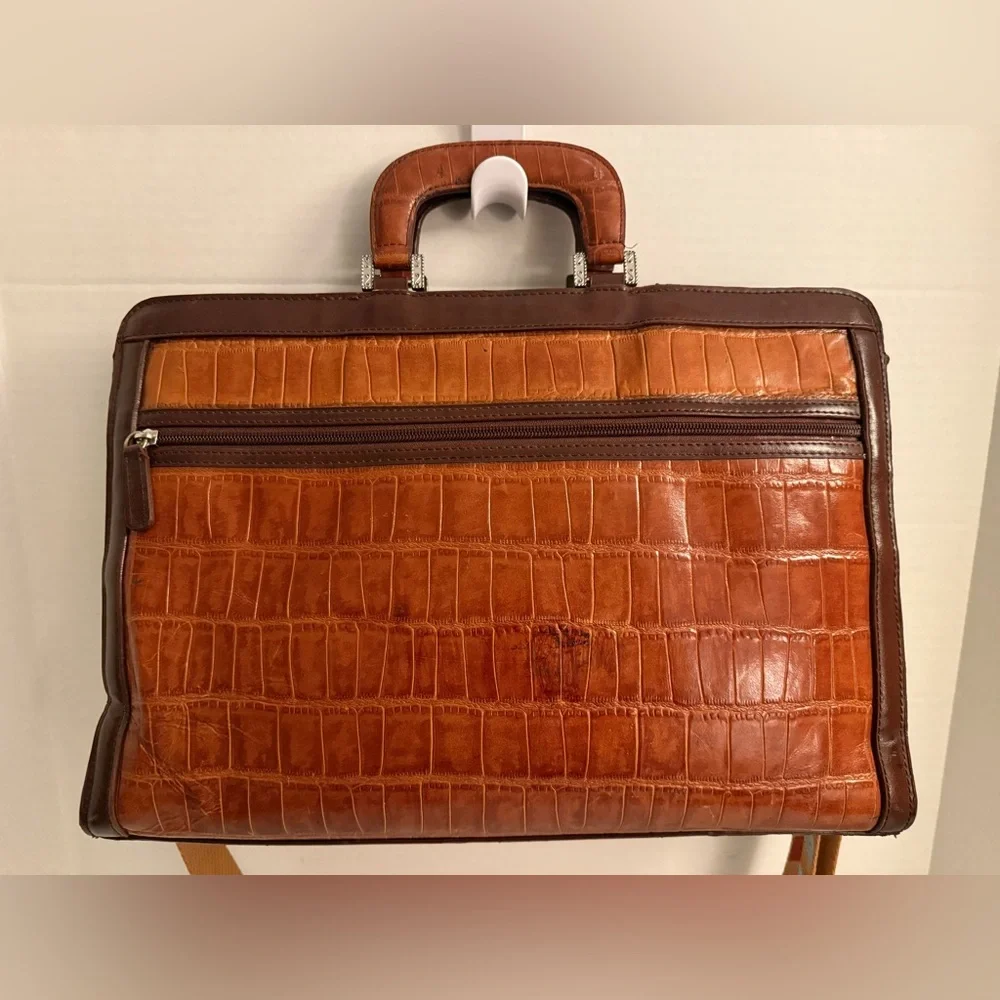 Marc Chantel Leather Briefcase | Croc-Embossed Brown | Crossbody